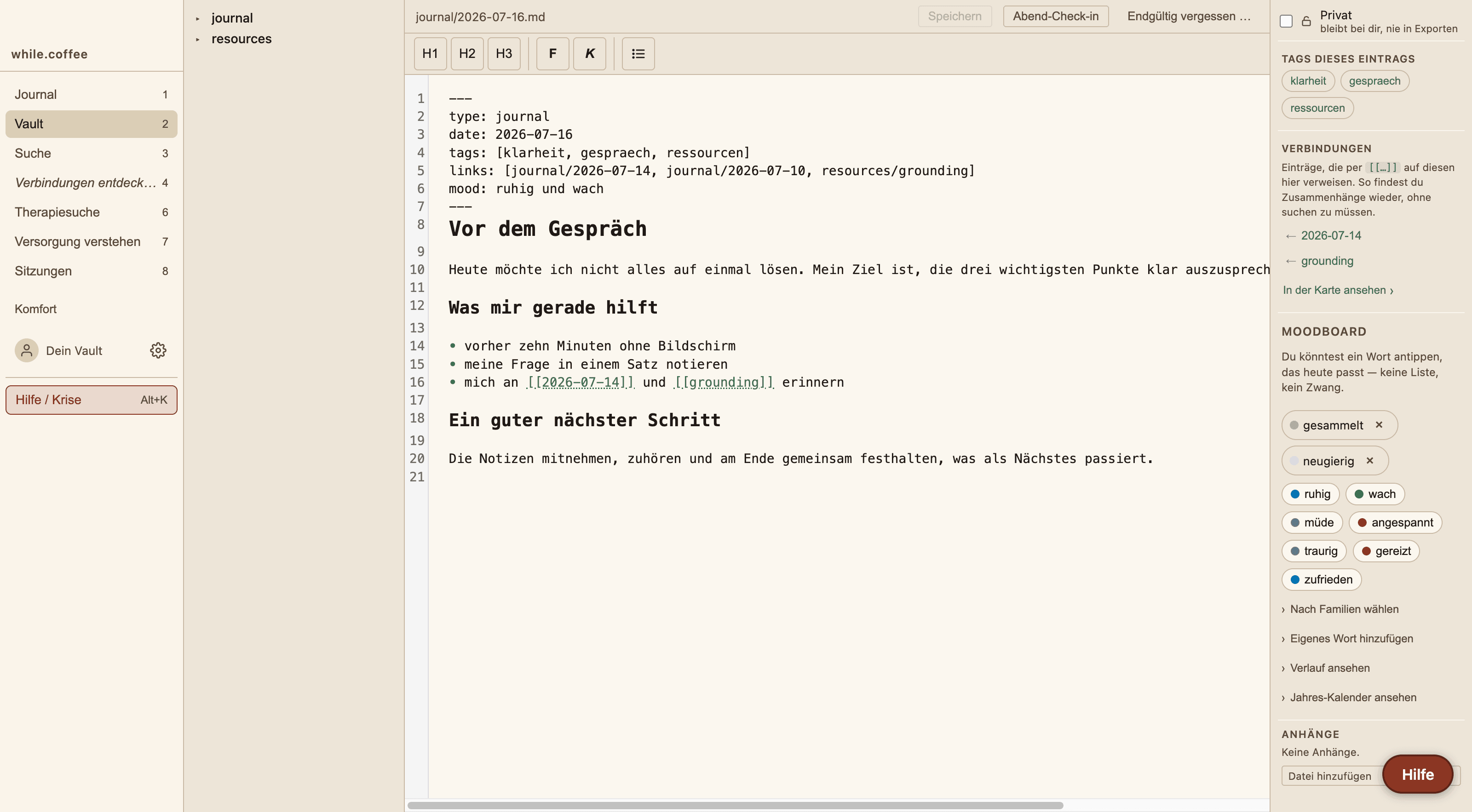 while.coffee Desktop Vault mit synthetischem Journaleintrag